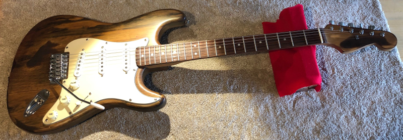 Sunn Mustang Stratocaster. Completely stripped to bare wood and stained with walnut, Seymour Duncan (50’s style pickups) Vintage Wiring Harness, Fender USA locking tuners, etc etc