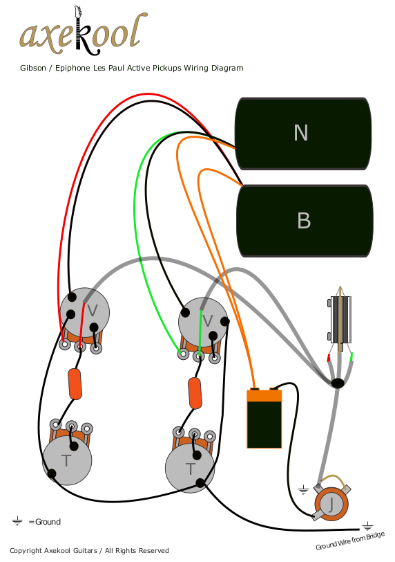 Gibson / Epiphone Les Paul Active Pickups Wiring Diagram & fitting Instructions