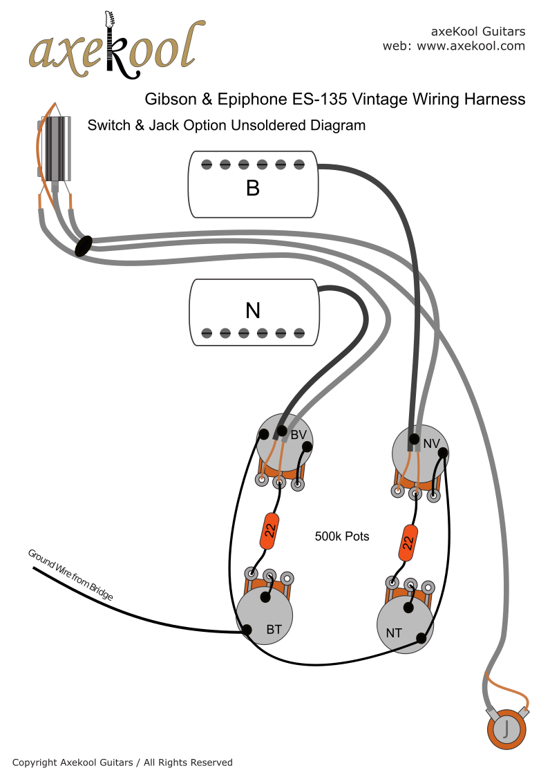 Gibson & Epiphone ES-135 Vintage Wiring Diagram (Unsoldered)