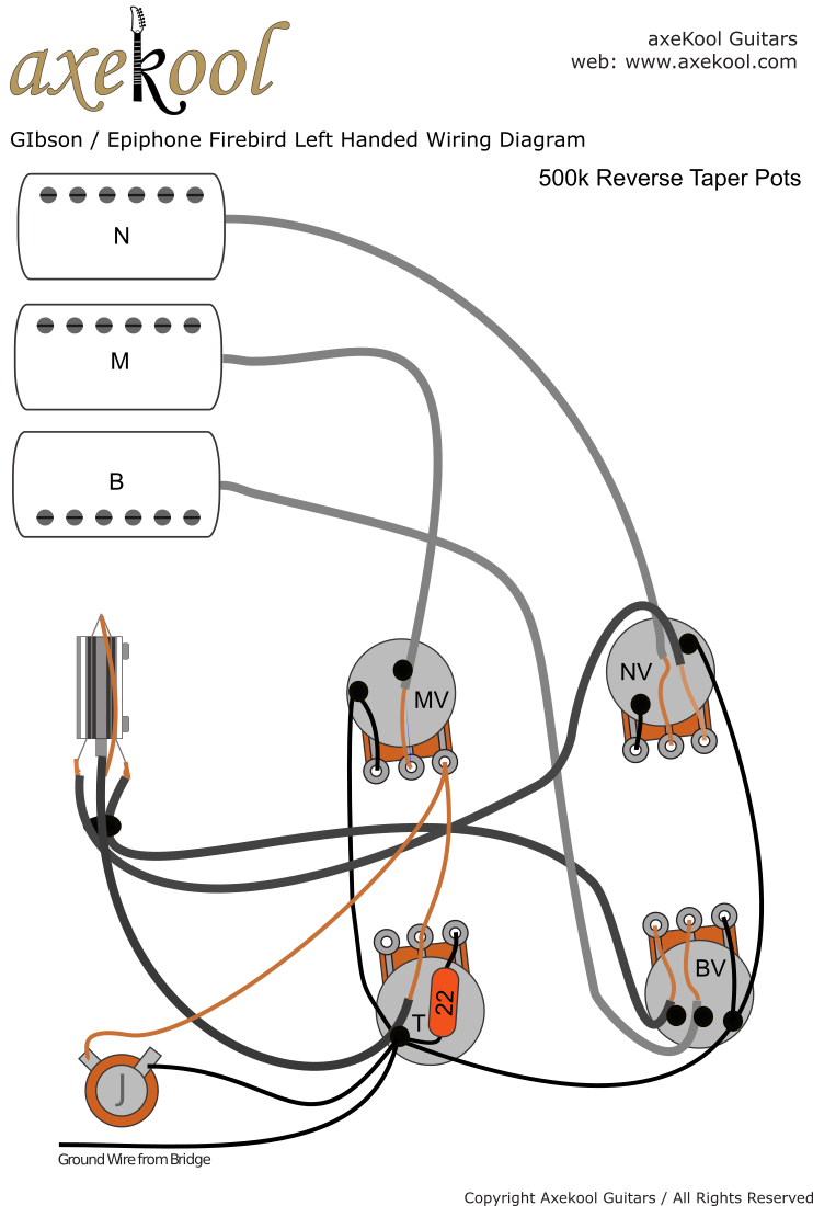 Gibson & Epiphone Firebird, 3 Pickups, Left Handed Wiring Diagram Gibson & Epiphone Firebird, 3 Pickups, Left Handed Wiring Diagram