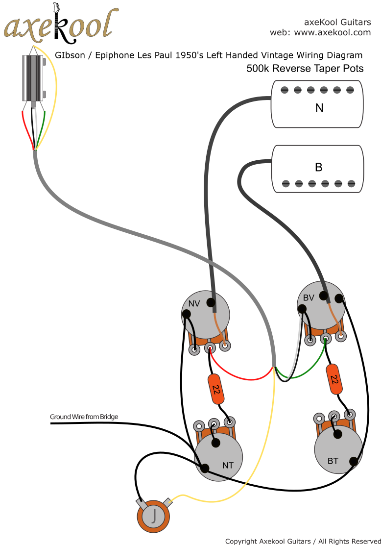 Gibson / Epiphone Les Paul Left Handed Wiring Diagram with 4 Core Wire