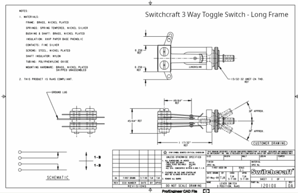 Switchcraft 3 Way Toggle Switch Long Frame