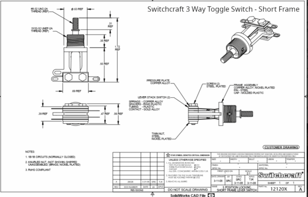 Switchcraft 3 Way Toggle Switch Short Frame